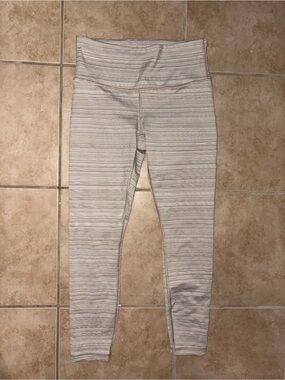 Athleta Cream and Light Gray Striped High-Waist Leggings